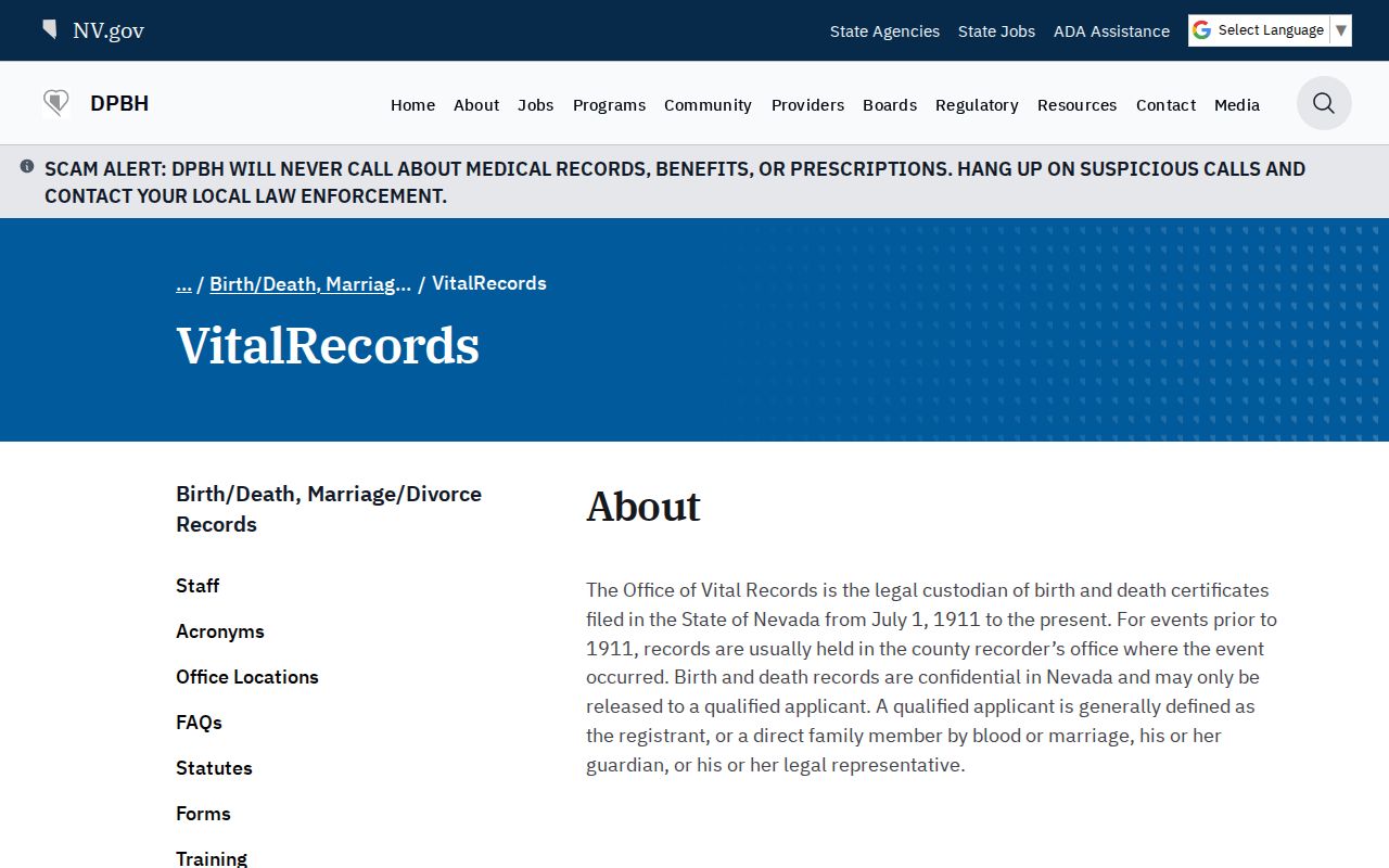 Carson City records access on the Nevada vital records page